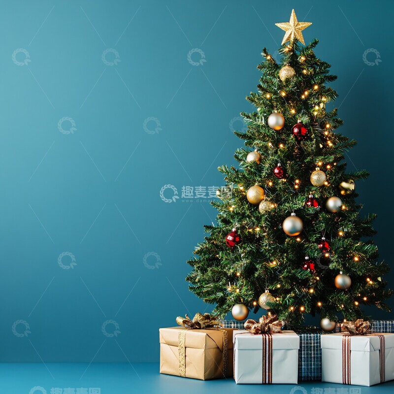 高清大图下载【趣麦麦图】圣诞树与礼物蓝背景1