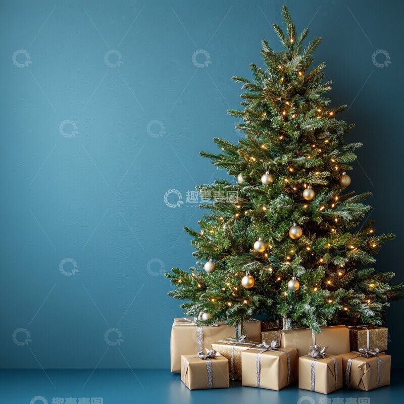 高清大图下载【趣麦麦图】圣诞树与礼物蓝背景2