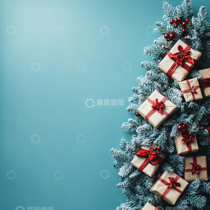 高清大图下载【趣麦麦图】圣诞树与礼物蓝背景