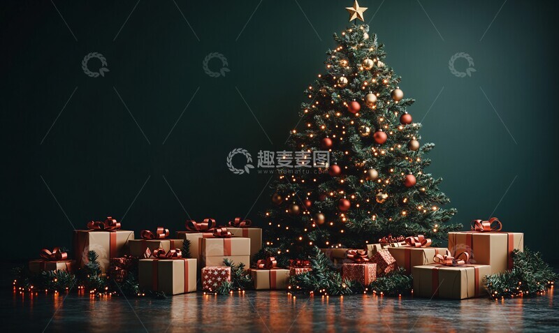 高清大图下载【趣麦麦图】圣诞树礼物绿背景1