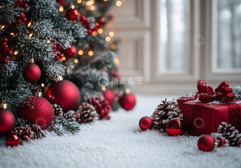 高清大图下载【趣麦麦图】圣诞树与红色窗帘1