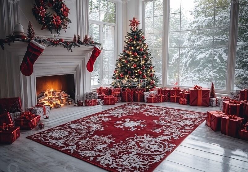 高清大图下载【趣麦麦图】圣诞树与红色窗帘