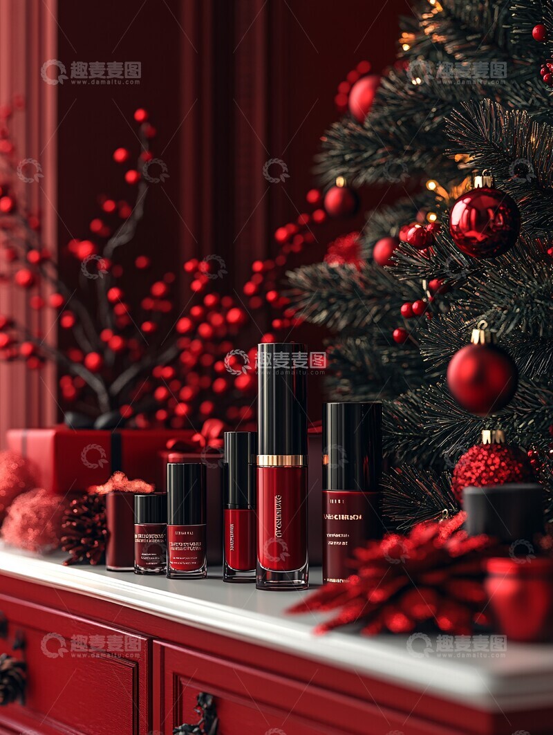 高清大图下载【趣麦麦图】化妆品圣诞红背景