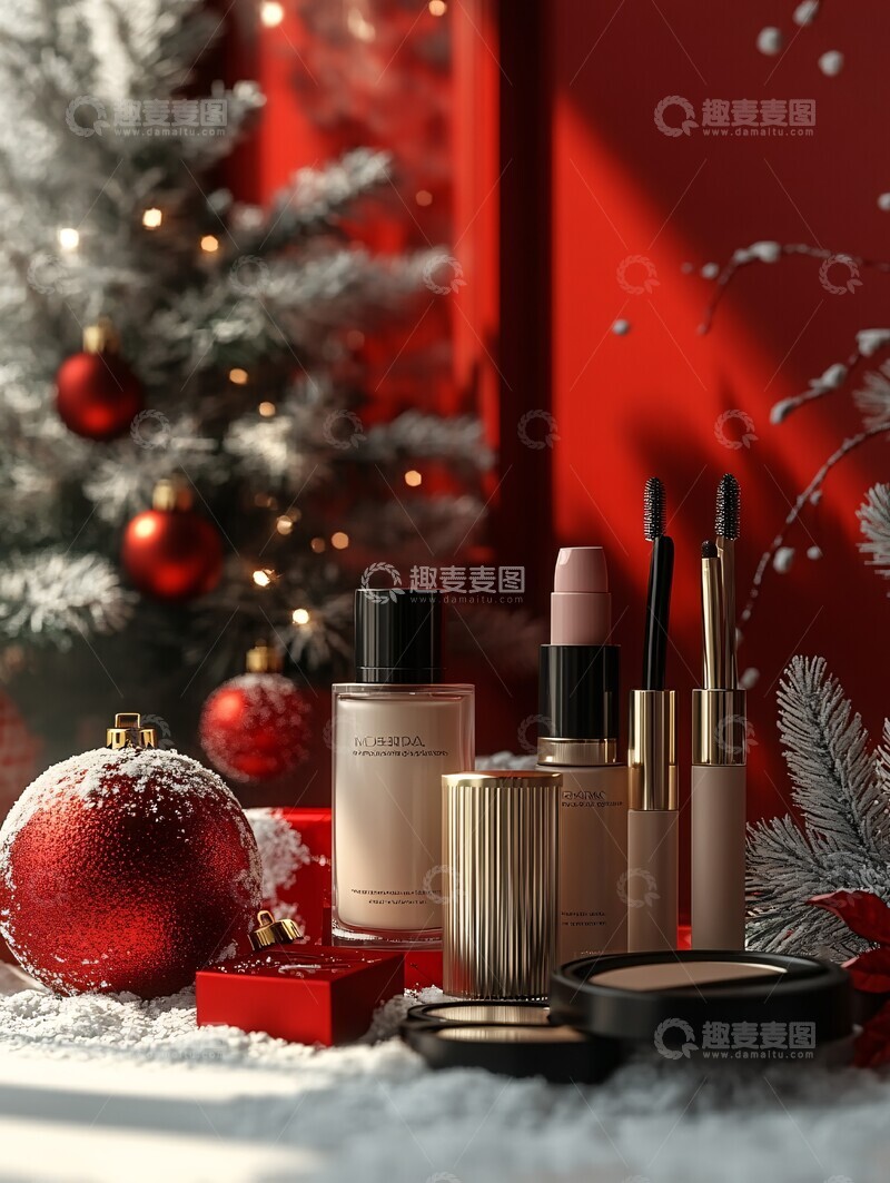 高清大图下载【趣麦麦图】化妆品圣诞红背景1