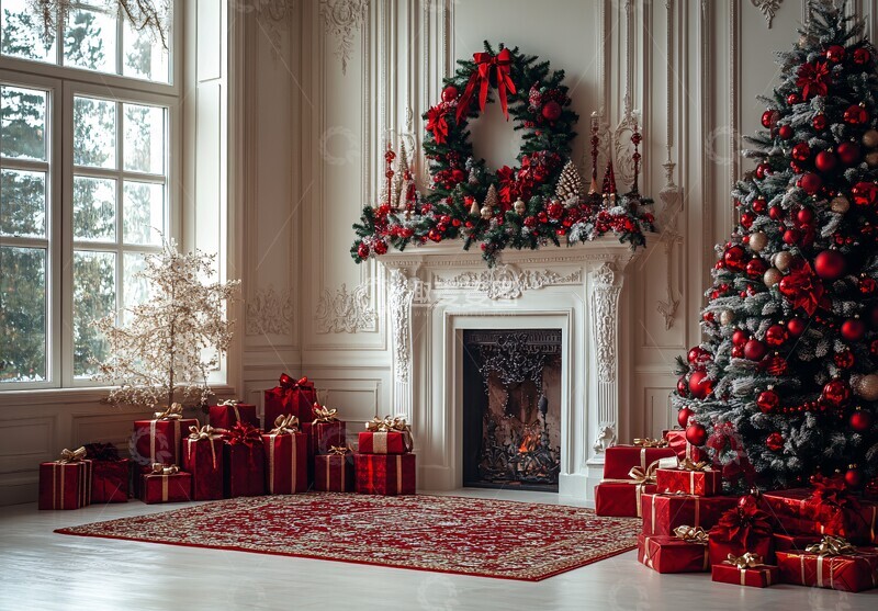 高清大图下载【趣麦麦图】圣诞树与红色窗帘2