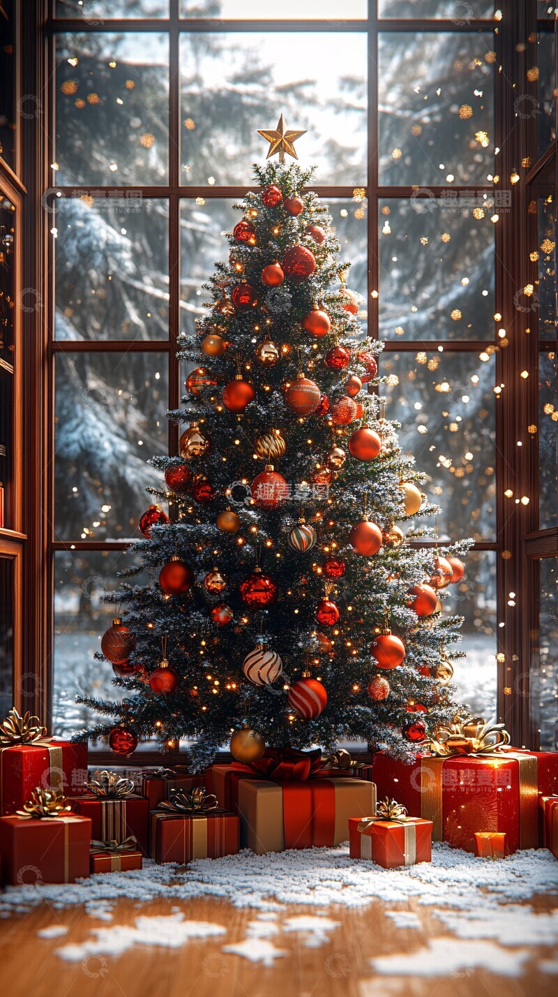 高清大图下载【趣麦麦图】圣诞树与礼物窗前1