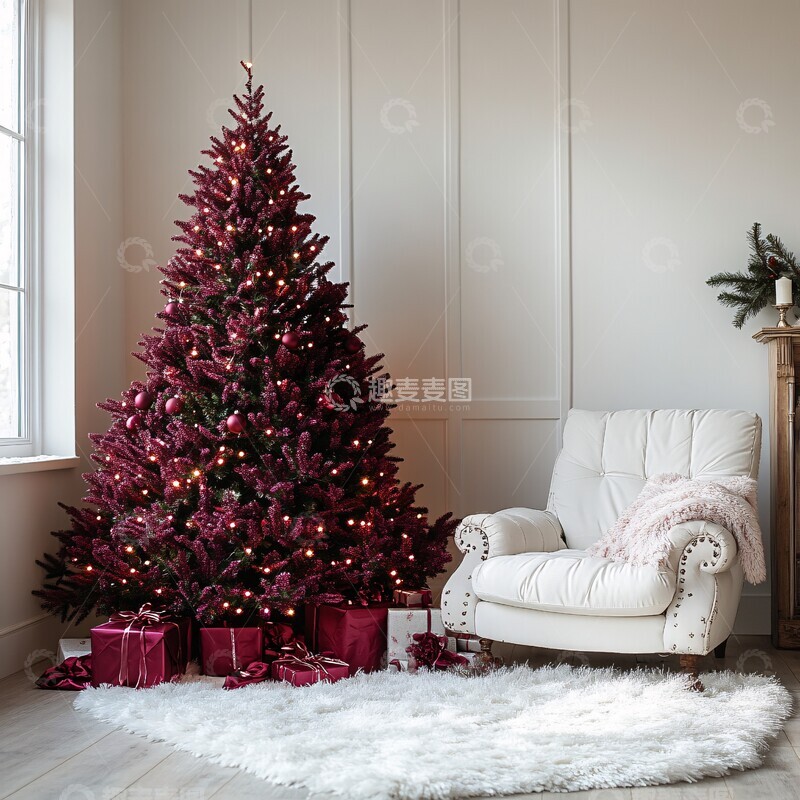 高清大图下载【趣麦麦图】圣诞树角落白色墙壁红色1