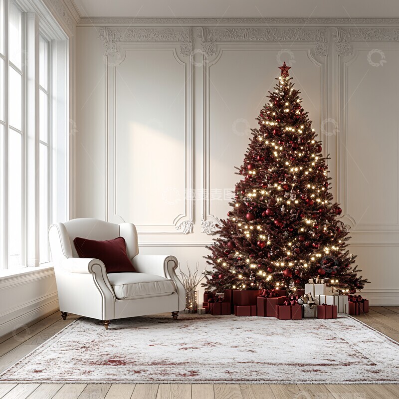 高清大图下载【趣麦麦图】圣诞树角落白色墙壁红色