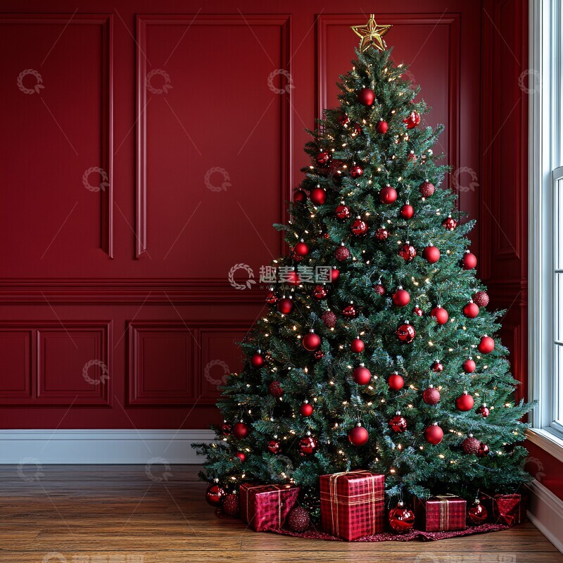 高清大图下载【趣麦麦图】新年红背景圣诞树