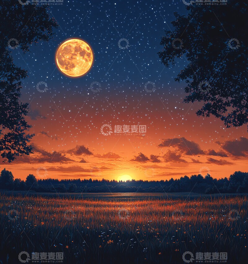 高清大图下载【趣麦麦图】黄昏星空与满月1