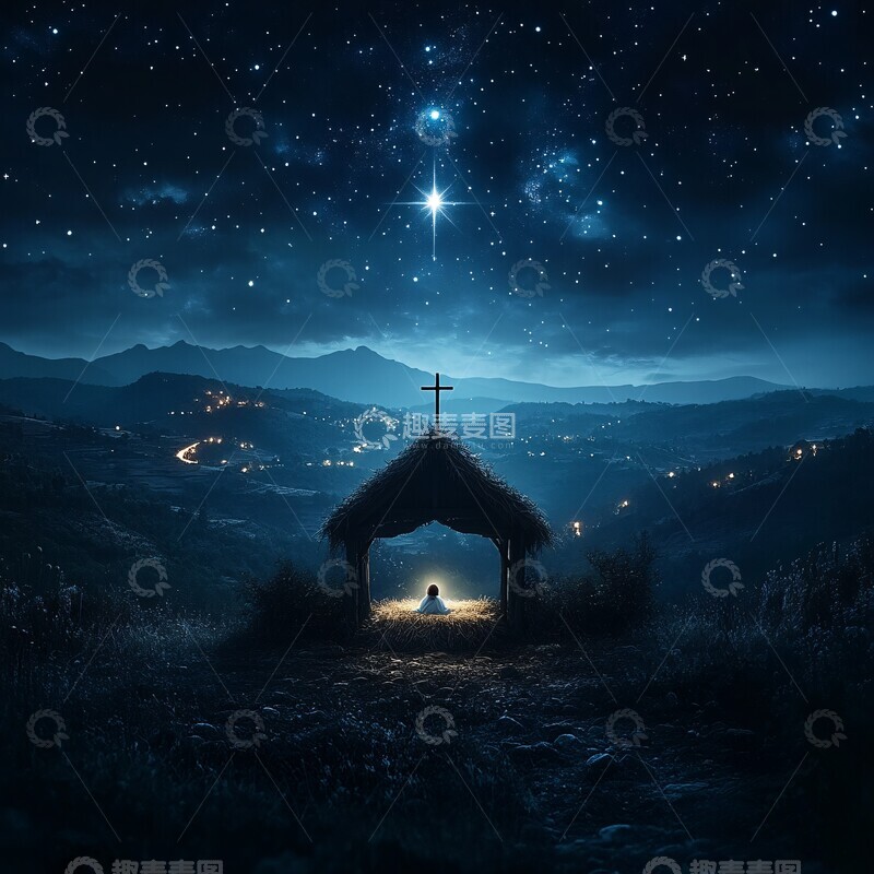 高清大图下载【趣麦麦图】耶稣降生马槽夜空