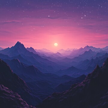 山脉晚霞星月夜