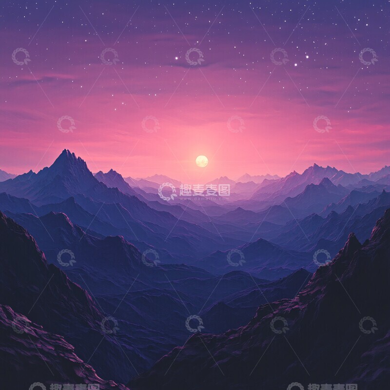 高清大图下载【趣麦麦图】山脉晚霞星月夜