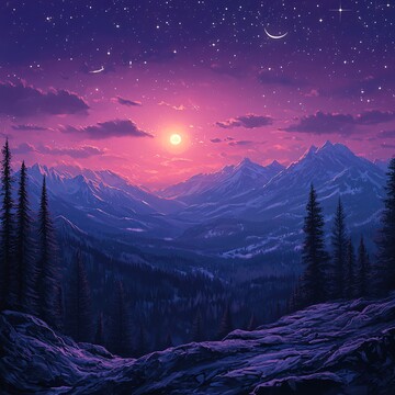 山脉晚霞星月夜1