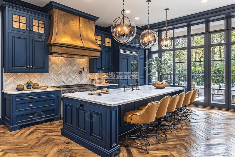 高清大图下载【趣麦麦图】蓝色橱柜木地板1