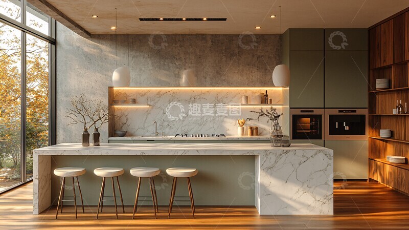 高清大图下载【趣麦麦图】橄榄绿厨房全景1