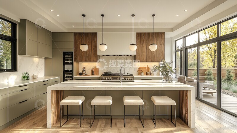 高清大图下载【趣麦麦图】橄榄绿厨房全景2
