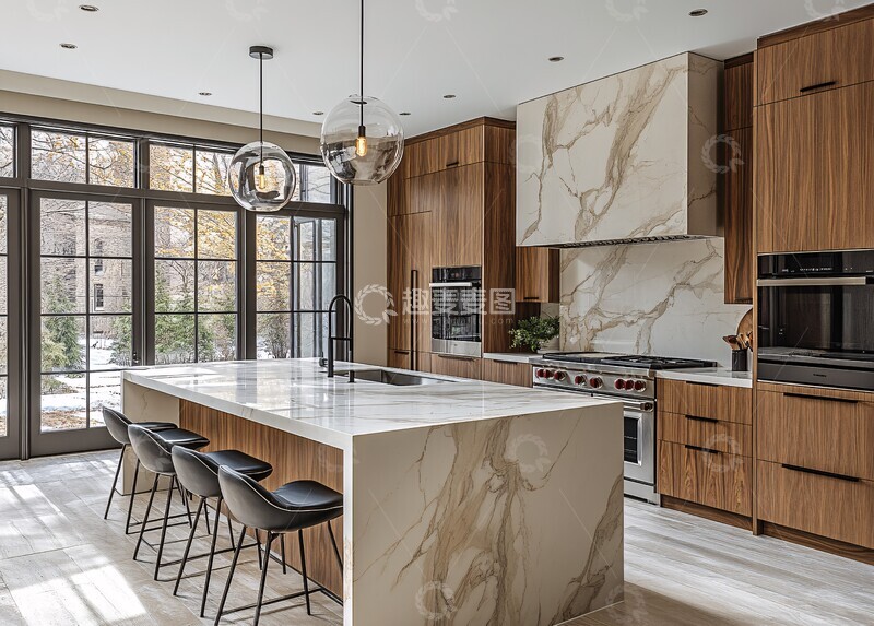 高清大图下载【趣麦麦图】白色大理石岛台厨房2