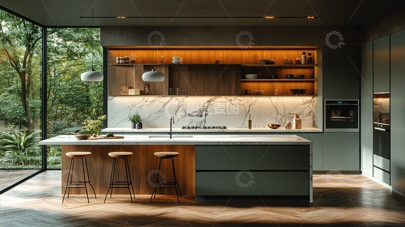 高清大图下载【趣麦麦图】橄榄绿厨房全景