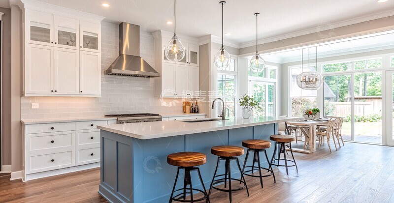 高清大图下载【趣麦麦图】白色橱柜浅蓝岛台1