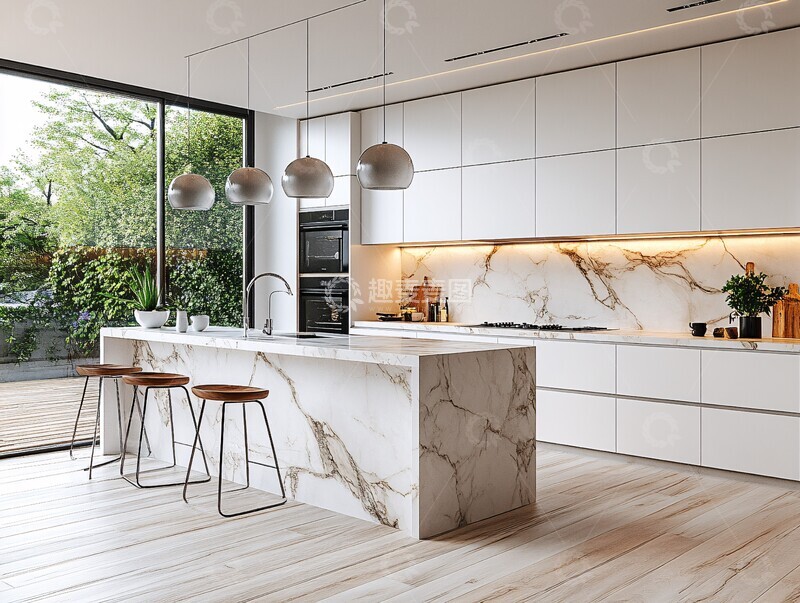 高清大图下载【趣麦麦图】白色橱柜大理石厨房