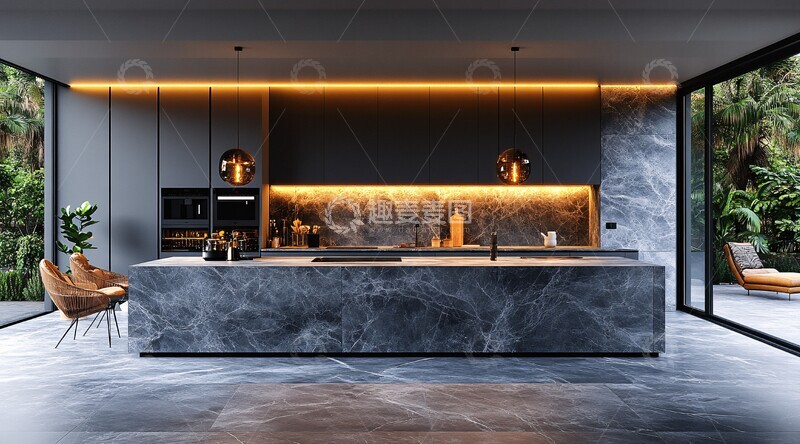 高清大图下载【趣麦麦图】灰白大理石现代厨房