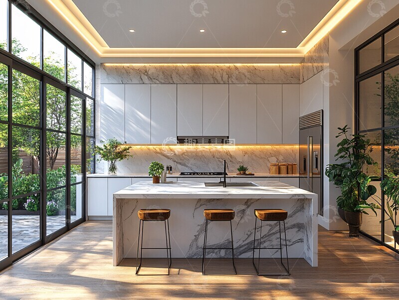高清大图下载【趣麦麦图】白色橱柜大理石厨房2