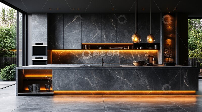 高清大图下载【趣麦麦图】灰白大理石现代厨房2