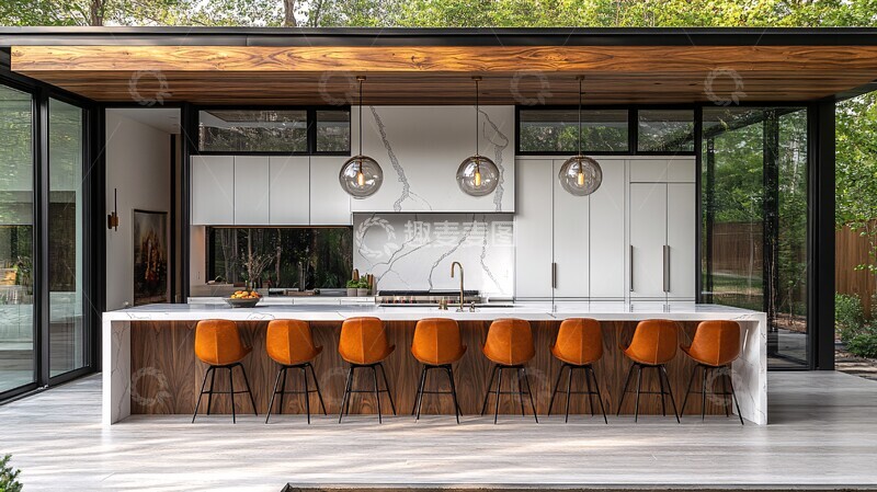 高清大图下载【趣麦麦图】白色厨房与木质岛台1