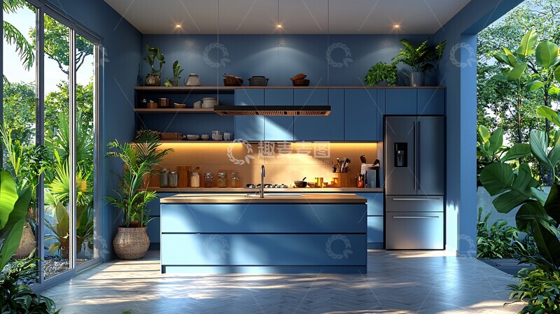高清大图下载【趣麦麦图】蓝色橱柜厨房