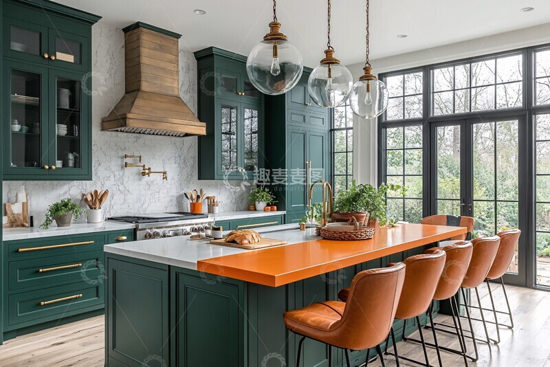 高清大图下载【趣麦麦图】森林绿柜台橙岛设计1