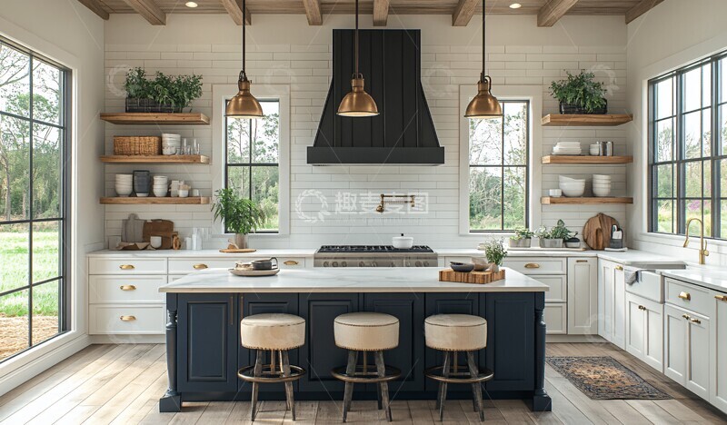 高清大图下载【趣麦麦图】白色厨房蓝色岛台餐桌