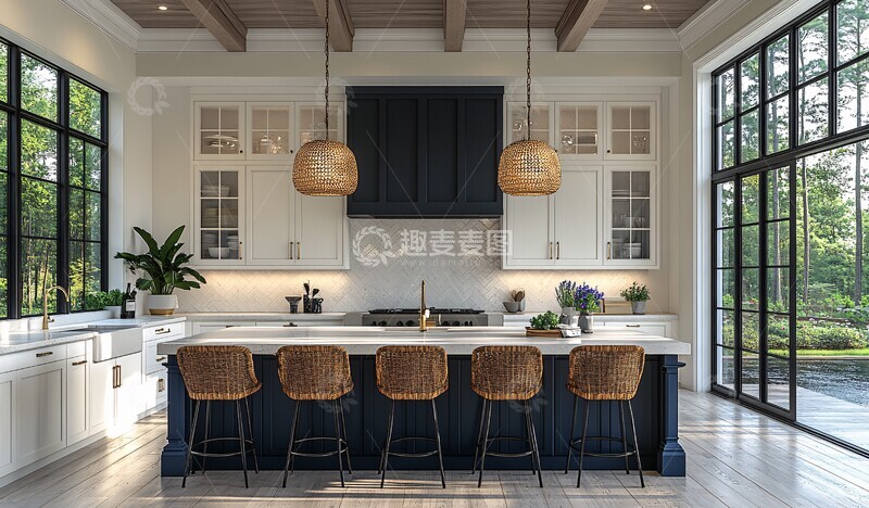 高清大图下载【趣麦麦图】白色厨房蓝色岛台餐桌1