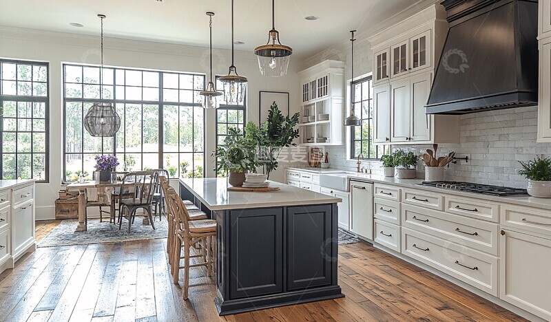 高清大图下载【趣麦麦图】白色厨房蓝色岛台餐桌2