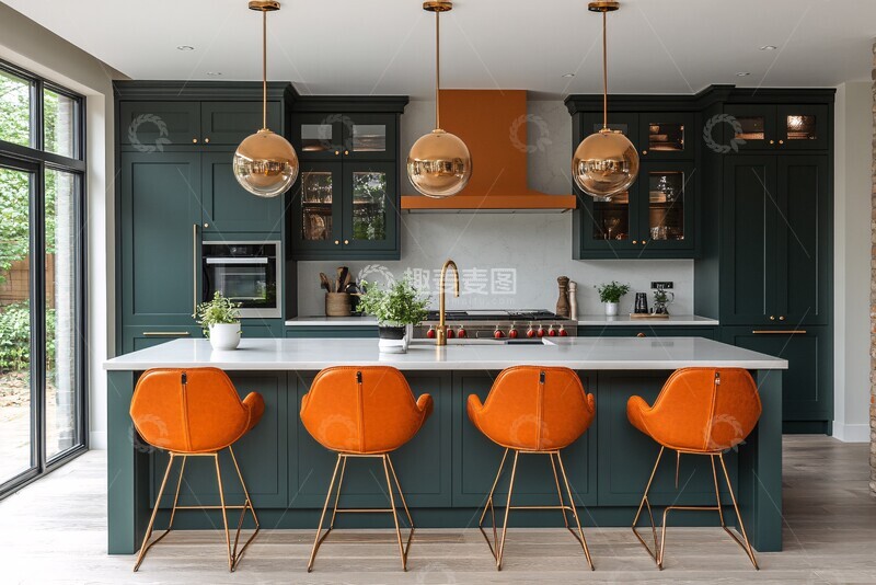 高清大图下载【趣麦麦图】森林绿柜台橙岛设计
