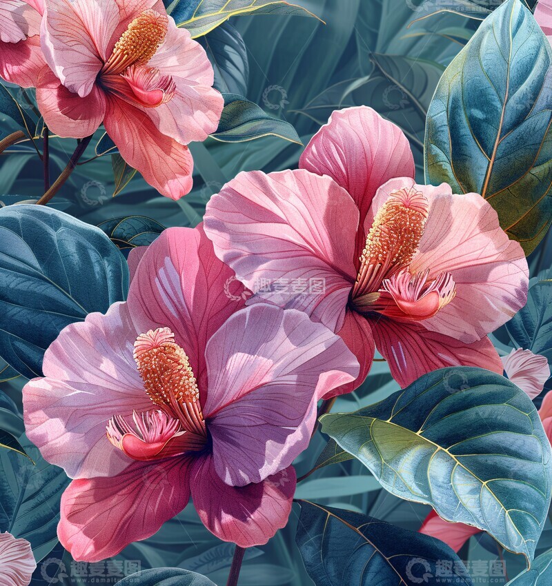 高清大图下载【趣麦麦图】粉色兰花绿叶图案