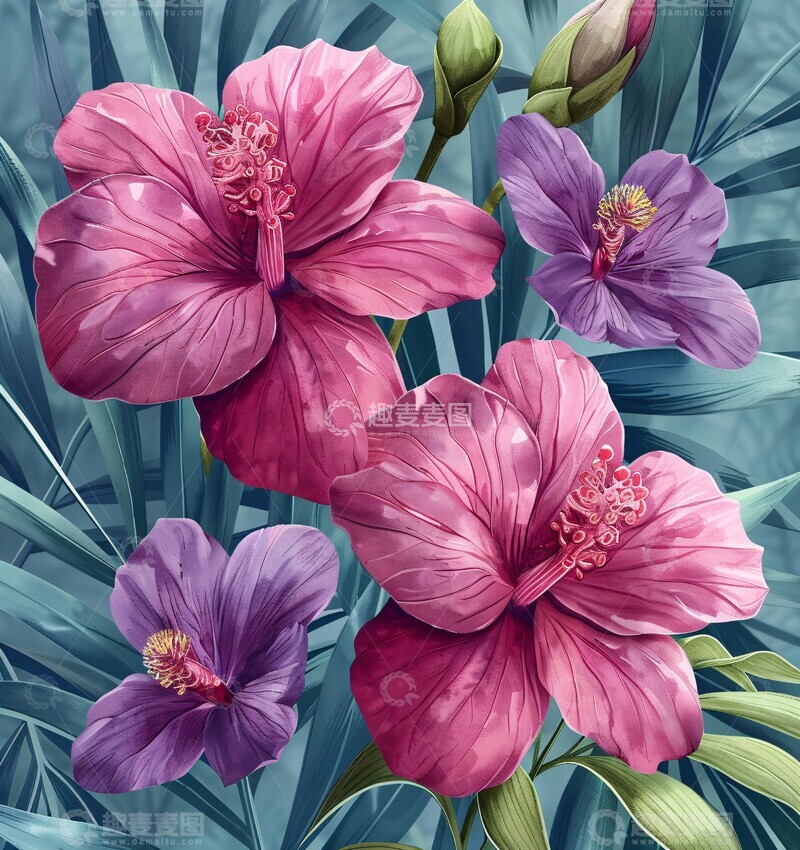 高清大图下载【趣麦麦图】粉色兰花绿叶图案2