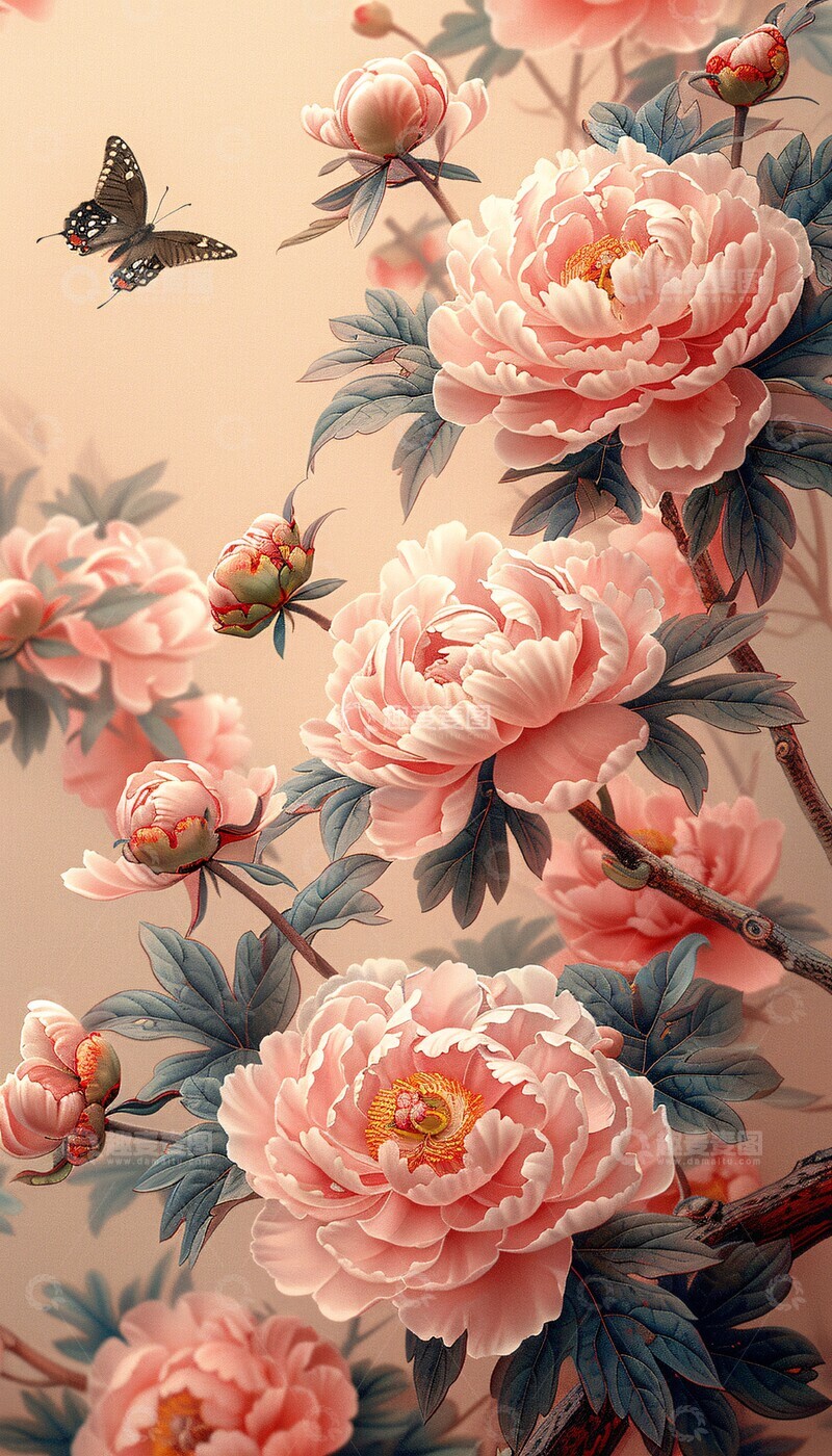 高清大图下载【趣麦麦图】粉牡丹蝴蝶图
