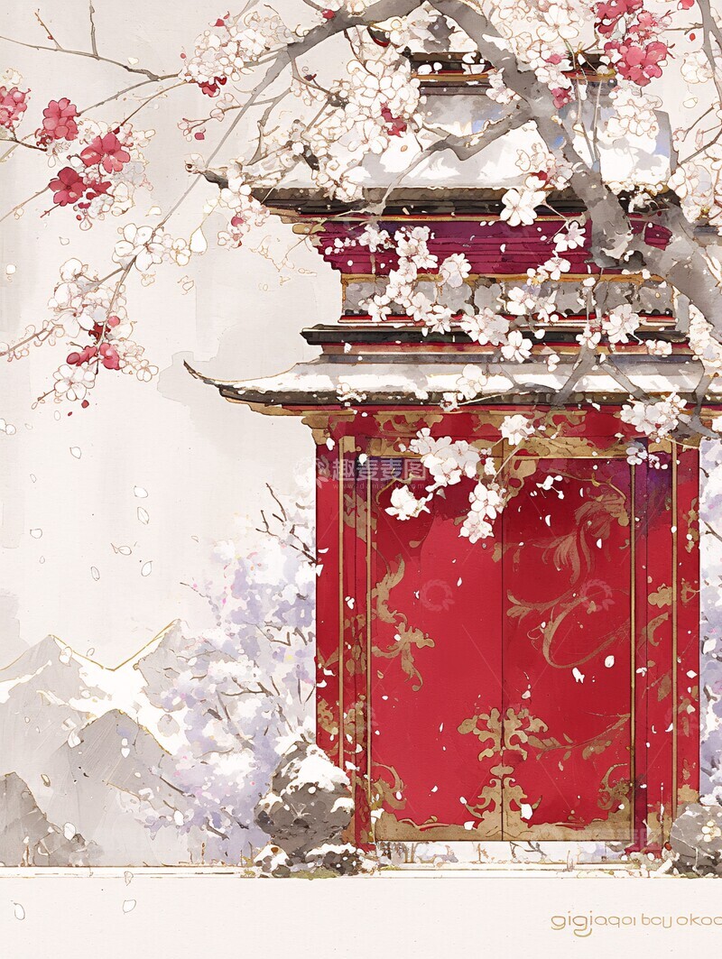 高清大图下载【趣麦麦图】宫殿红梅图梅花宫殿图案