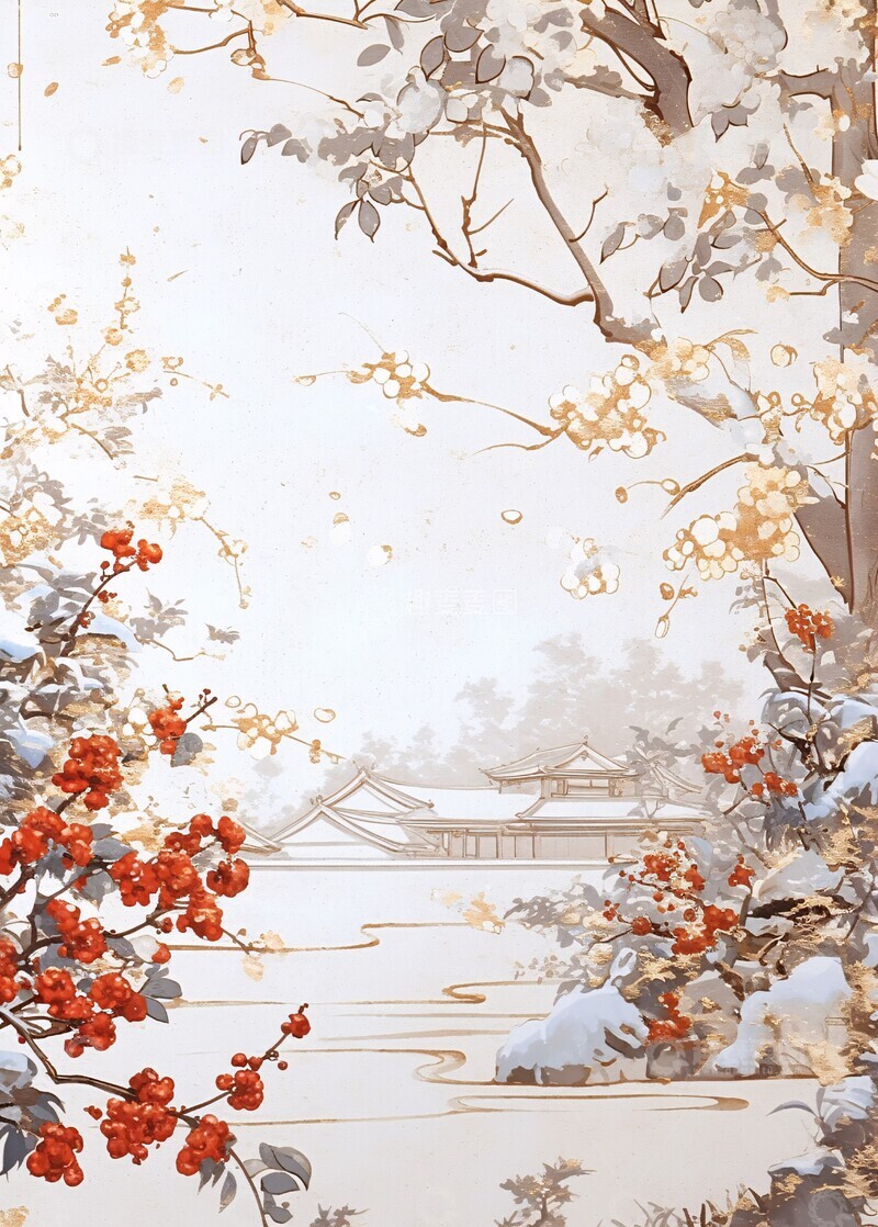高清大图下载【趣麦麦图】白底金枝梅花图2