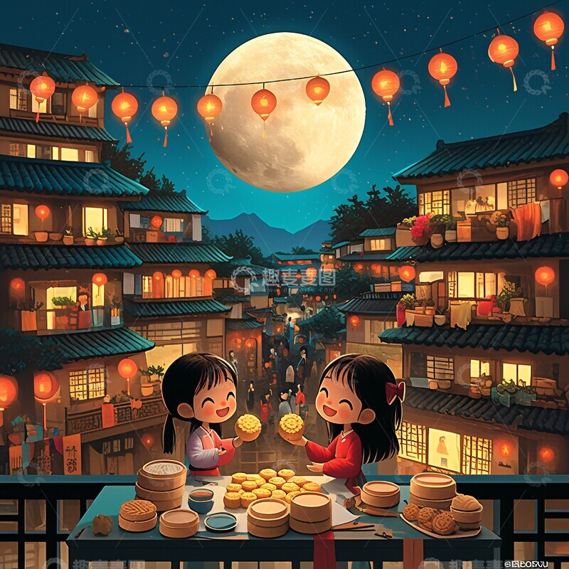 高清大图下载【趣麦麦图】母女做月饼庭院景