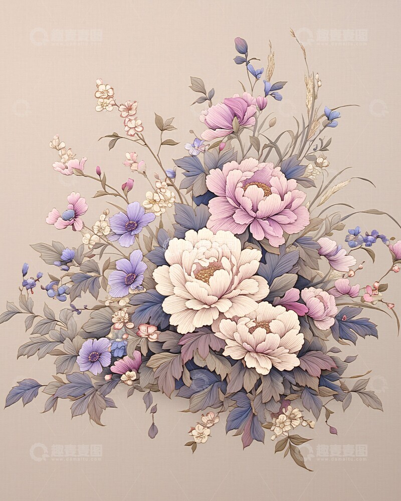 高清大图下载【趣麦麦图】粉色牡丹与小野花2