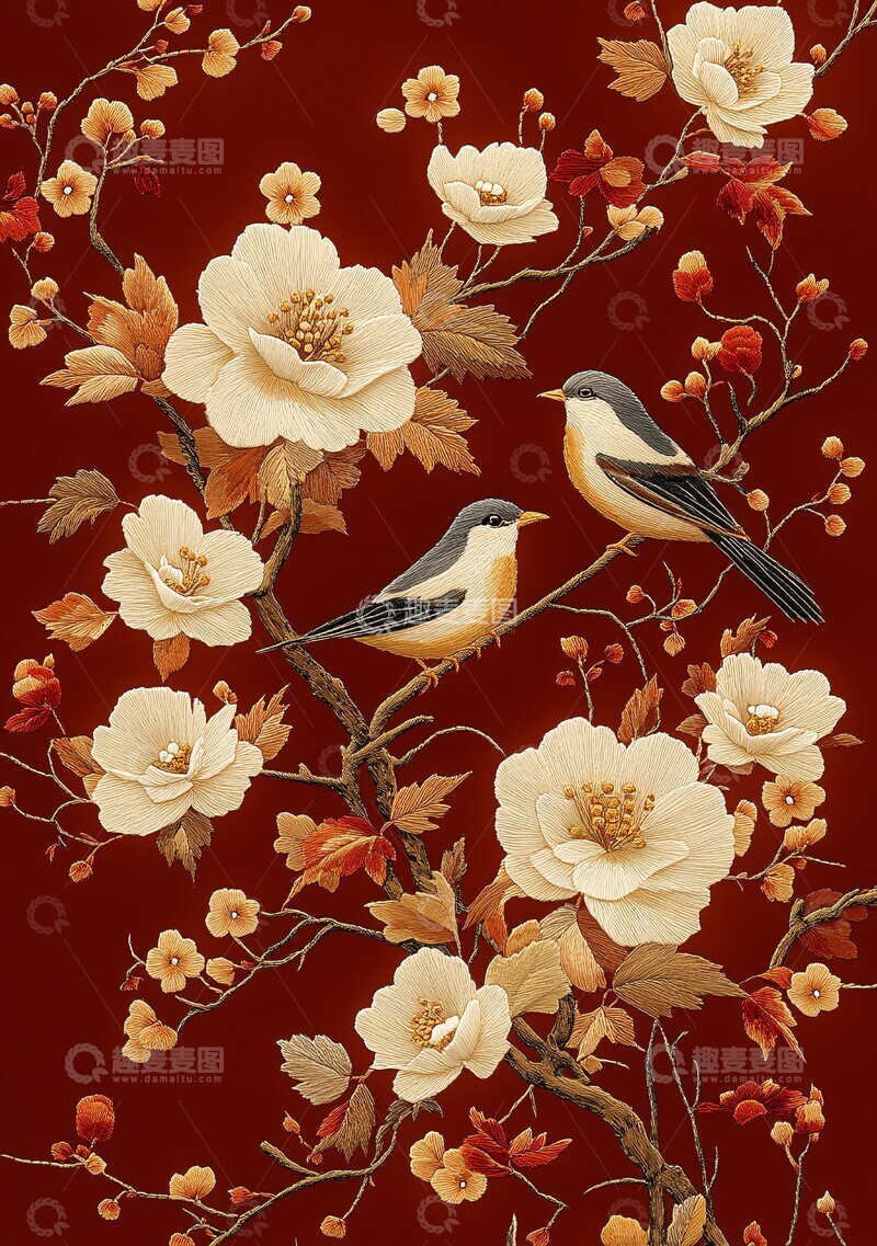 高清大图下载【趣麦麦图】红底白花刺绣图案