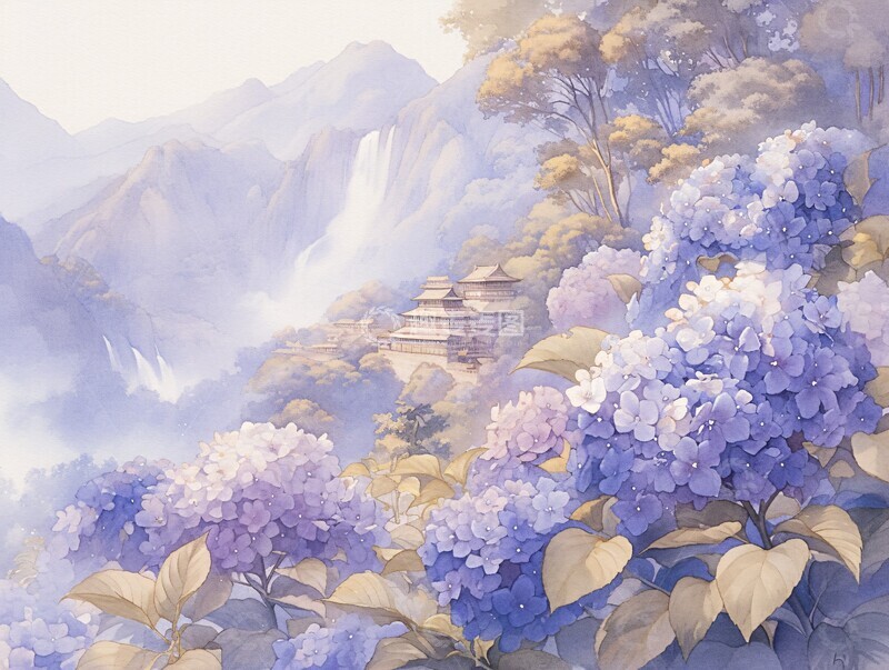 高清大图下载【趣麦麦图】山城水瀑与绣球花1