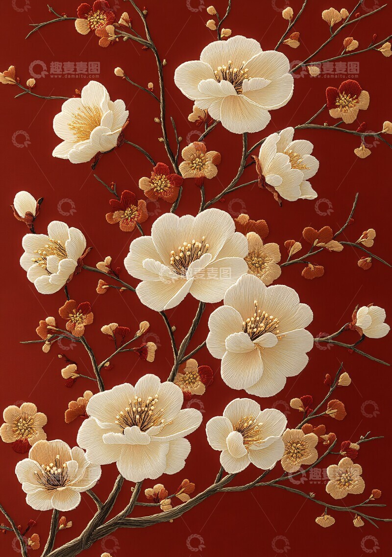 高清大图下载【趣麦麦图】白花枝叶刺绣图