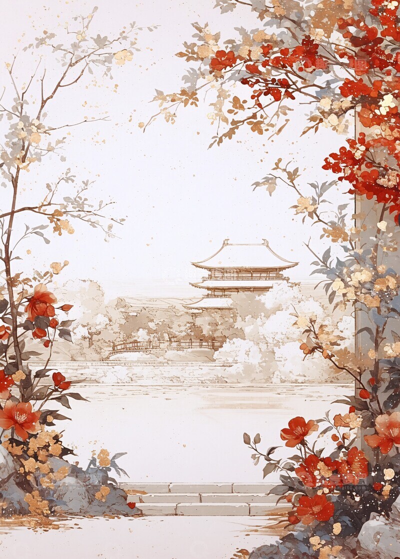 高清大图下载【趣麦麦图】白底金枝梅花图