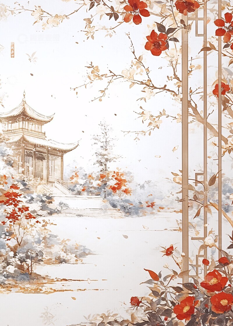 高清大图下载【趣麦麦图】白底金枝梅花图1