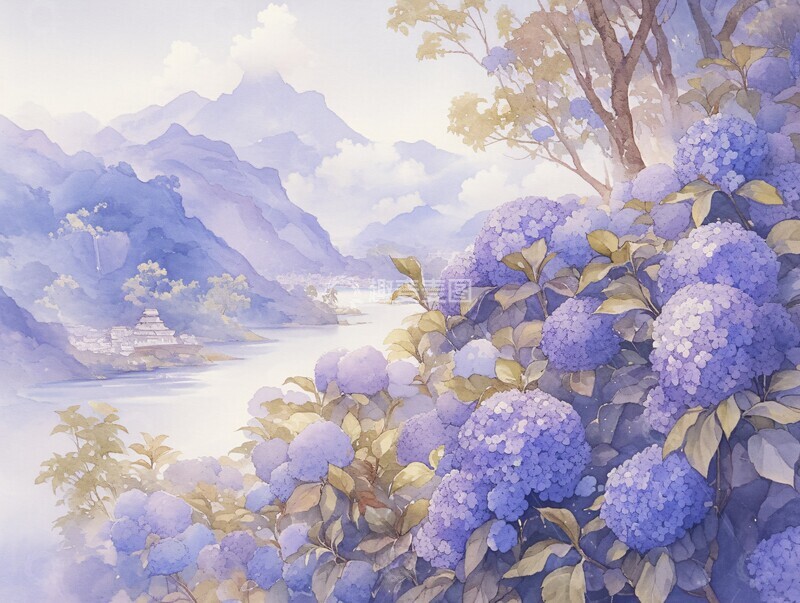 高清大图下载【趣麦麦图】山城水瀑与绣球花