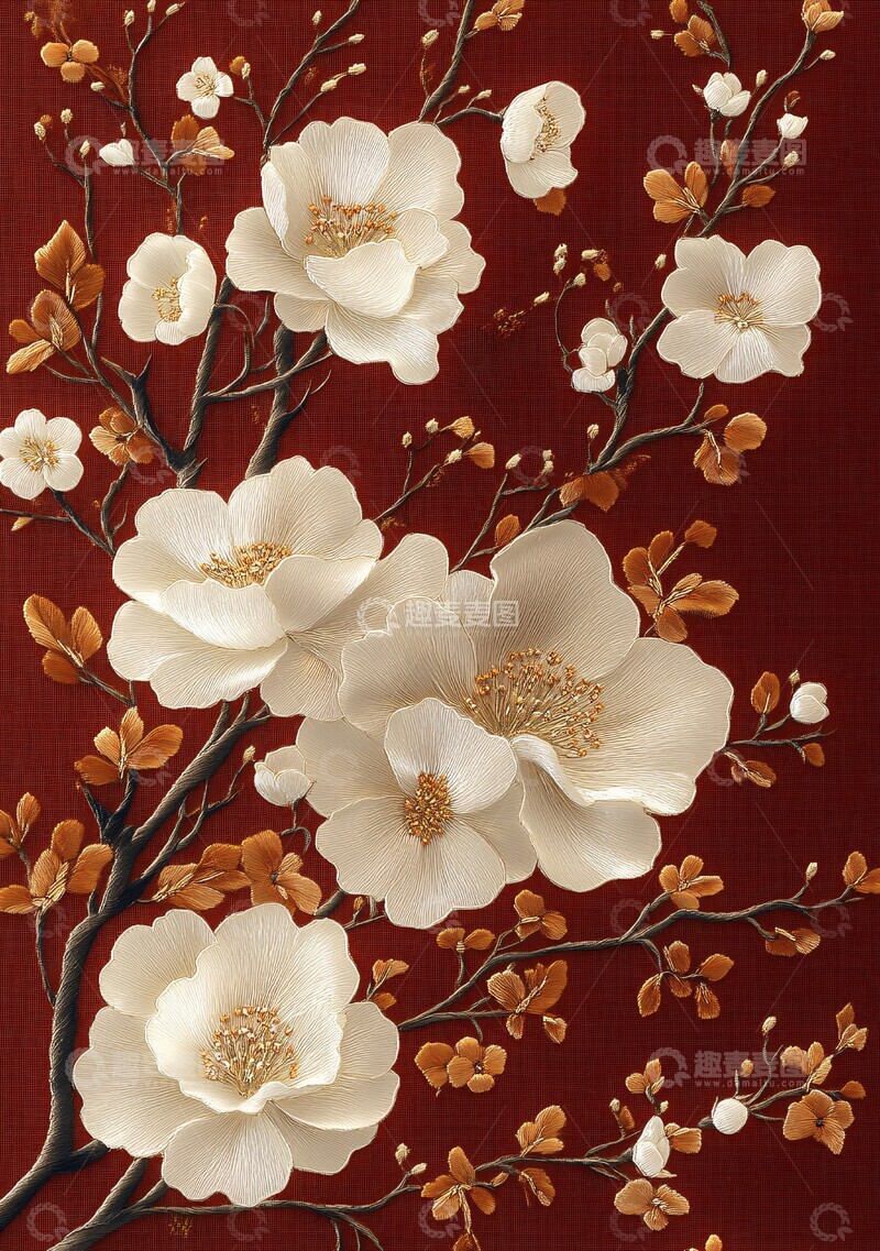 高清大图下载【趣麦麦图】白花枝条刺绣纹样2