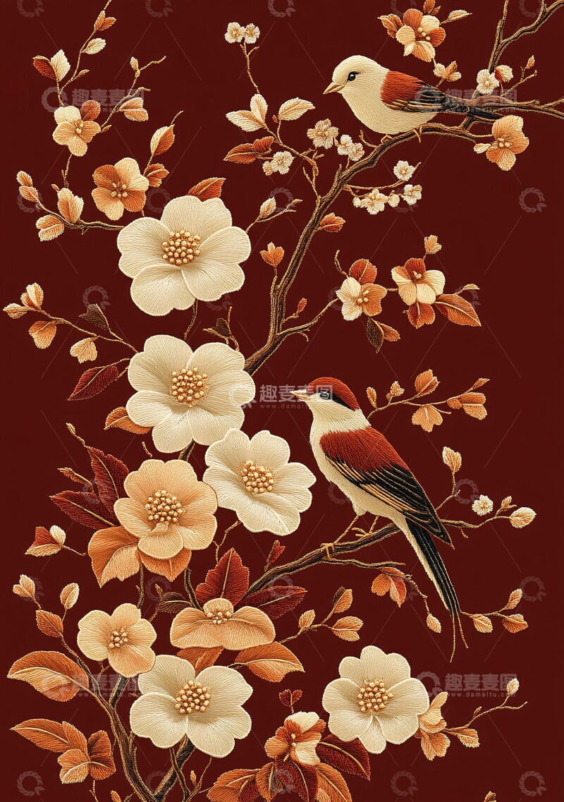 高清大图下载【趣麦麦图】红底白花刺绣图案2